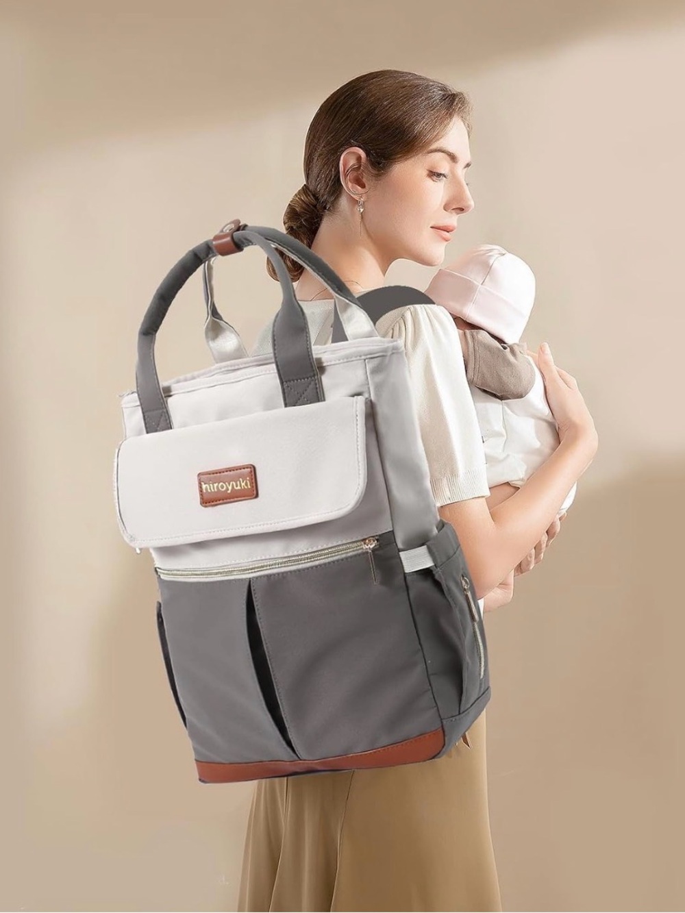 Two-Tone Gray & Cream Backpack Diaper Bag - Picture 2 of 14